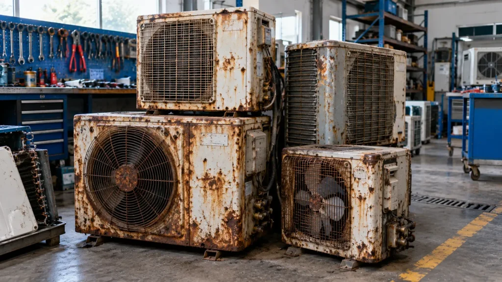 Rusty HVAC Units in a Busy Workshop